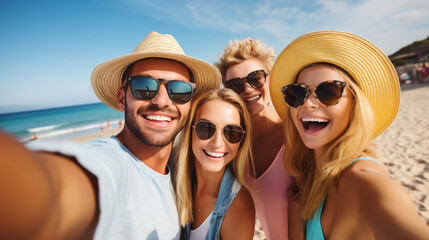 Obraz premium Happy group of friends taking selfie enjoying summer vacation at the beach