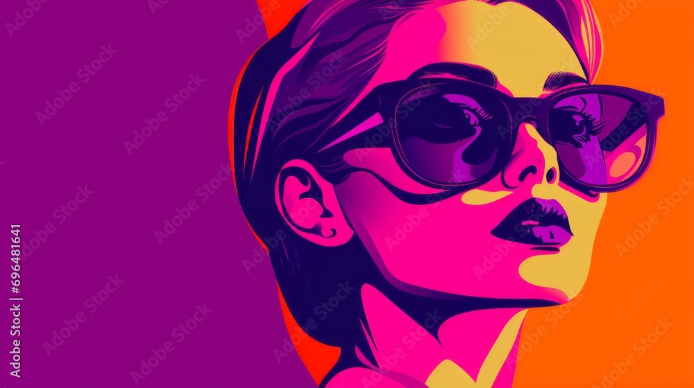 Poster graphic illustration of a woman's face in pop art style on a red isolated background with space for 
