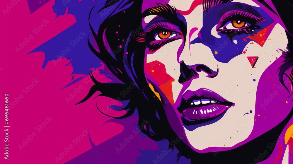 Poster graphic illustration of a woman's face in pop art style on a red isolated background with space for 