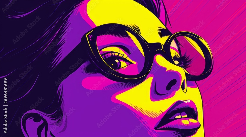 Poster graphic illustration of a woman's face in pop art style on a red isolated background with space for 