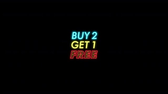 Neon light "Buy 2 Get 1 Free" text animation. Sale badge promotion, business Label concept Motion graphics with alpha channel. High resolution 4K footage video.