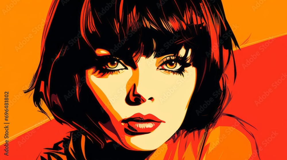 Poster graphic illustration of a woman's face in pop art style on a red isolated background with space for 