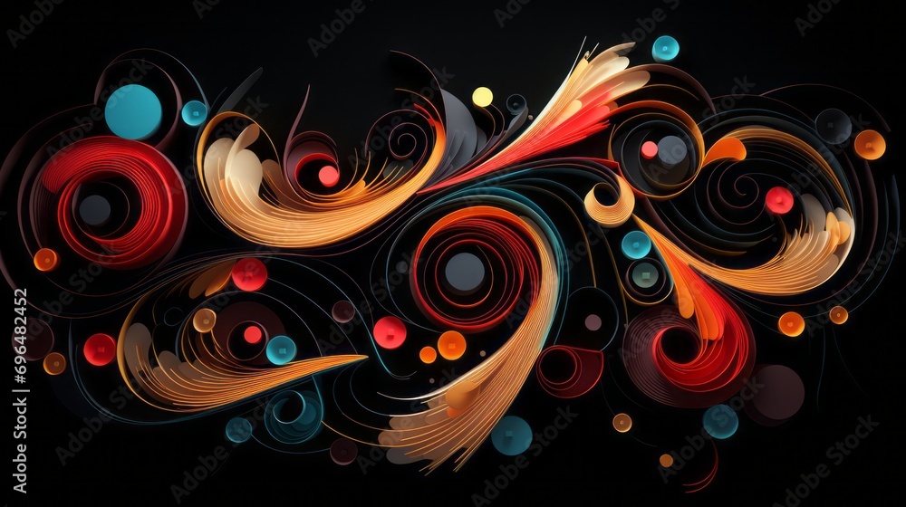Fototapete background with multicolored 3d waves and spheres on a black isolated background with space for text