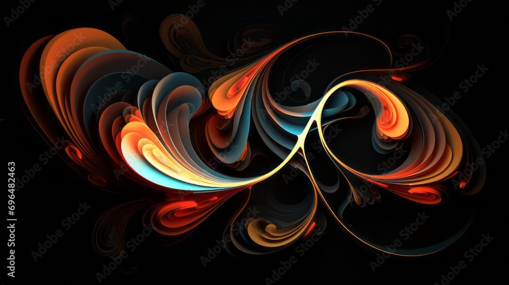Poster background with multicolored 3d waves and spheres on a black isolated background with space for text