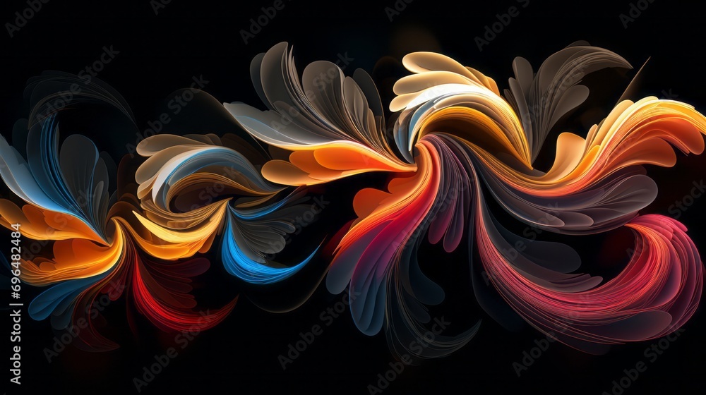 Fototapete background with multicolored 3d waves and spheres on a black isolated background with space for text