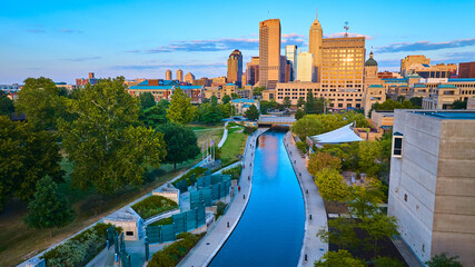 Aerial Indianapolis Skyline at Sunset with River and Greenery