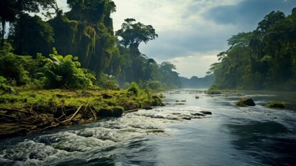 beautiful amazon river with a little fog - obrazy, fototapety, plakaty
