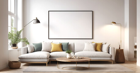 Frame mockup, ISO A paper size. Living room poster mockup. Interior mockup with house white background. Modern interior design. 3D render - obrazy, fototapety, plakaty