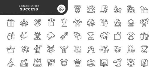 Set of line icons in linear style. Series - Success and victory. Career, personal growth, reward and goal achievement. Outline icon collection. Conceptual pictogram and infographic.