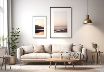 Frame mockup, ISO A paper size. Living room poster mockup. Interior mockup with house white background. Modern interior design. 3D render