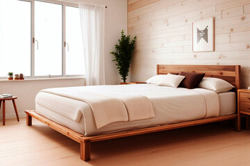 Virtual Retreat: Rustic Wooden Bed in a 3D Animation, Creating a Serene Bedroom Atmosphere