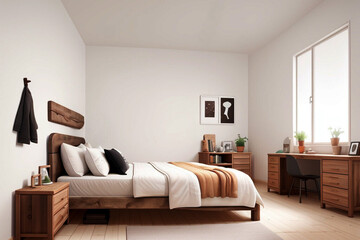 Immersive Comfort: 3D Animation Showcasing a Rustic Bed in a Modern Minimalist Space