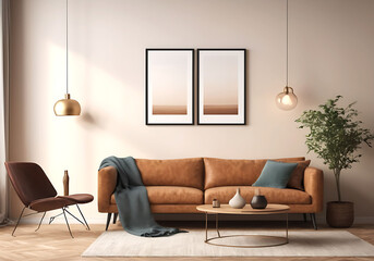 Frame mockup, ISO A paper size. Living room poster mockup. Interior mockup with house white background. Modern interior design. 3D render