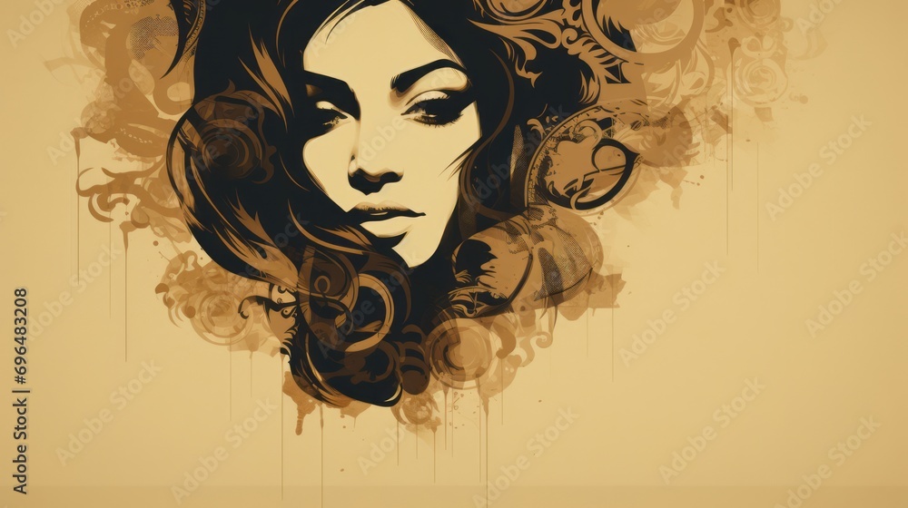Poster face of a woman expressing a feeling of calm and maternal serenity on a beige background with space 