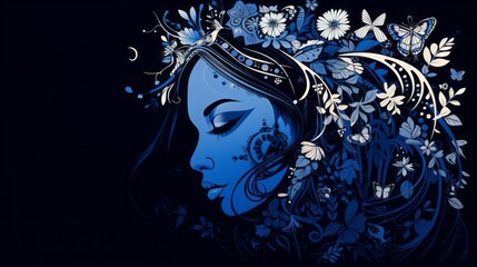 Face of a woman with a blue tattooed indigenous mask in stencil art style