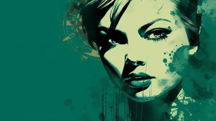 Face of a woman with a emerald tattooed indigenous mask in stencil art style