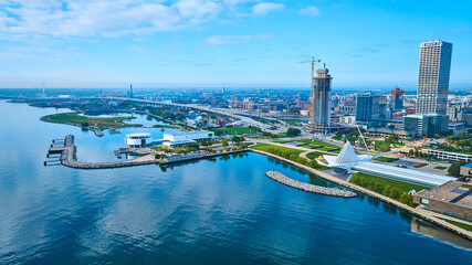 Aerial View of Milwaukee Waterfront and Skyline with Iconic Pavilion