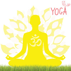 Yoga. Person relaxing in lotus pose. Meditation. International yoga day web banner. Yoga pose in a flat design. Om or Aum Indian sacred sound.