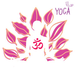Fototapeta premium Yoga. Person relaxing in lotus pose. Meditation. International yoga day web banner. Yoga pose in a flat design. Om or Aum Indian sacred sound.