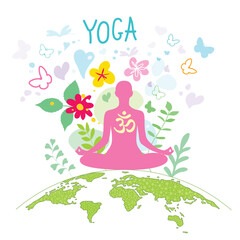 Yoga. Person relaxing in lotus pose. Meditation. International yoga day web banner. Yoga pose in a flat design. Om or Aum Indian sacred sound. Vector illustration.