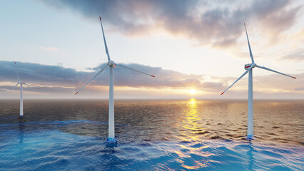 Offshore wind turbines farm on the ocean. Sustainable energy production, clean power. Close-up wind turbine.	
