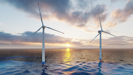 Offshore wind turbines farm on the ocean. Sustainable energy production, clean power. Close-up wind turbine.	
