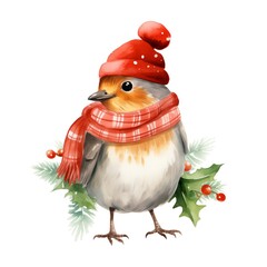Bird wearing knitted hat and scarf, with Cristmas decorations