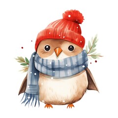 Bird wearing knitted hat and scarf, isolated on white