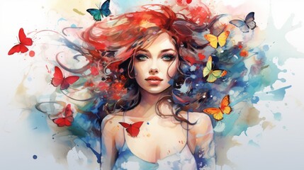 Watercolor-style illustration of a young woman's face expressing emotions of the female state of mind with colorated flower, fish and butterfly  on white background