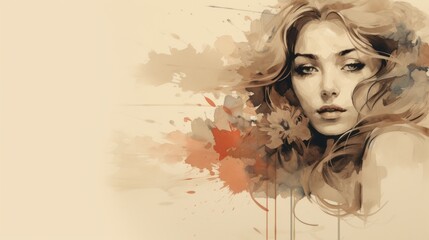 Watercolor-style illustration of a young woman's face expressing emotions of the female state of mind ni beige background