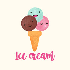 Ice cream print vector hand drawn illustration with text