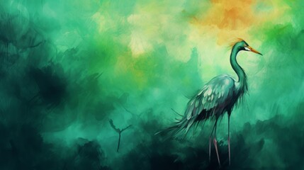 Watercolor drawing of a heron against a green background - obrazy, fototapety, plakaty