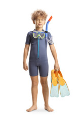 Full length portrait of a boy wearing a diving suit and mask and holding fins