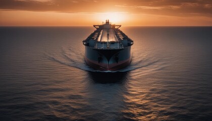 A big LNG tanker ship travelling over the calm ocean during sunset