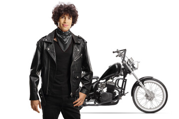 Fototapeta na wymiar Guy in front of a motorbike in a leather jacket and black scarf
