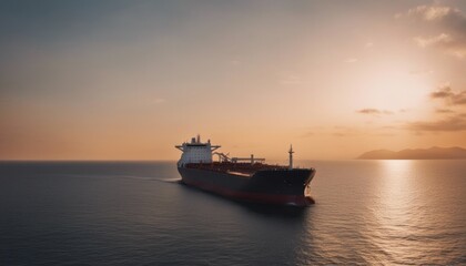 Fototapeta premium A big LNG tanker ship travelling over the calm ocean during sunset
