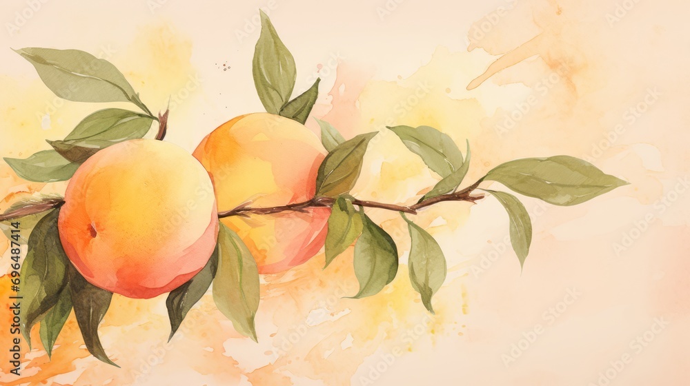 Poster peach branch with fruits and green leaves drawn in watercolor style on a neutral background with spa