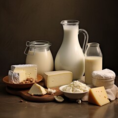 various fresh dairy products on a wooden table