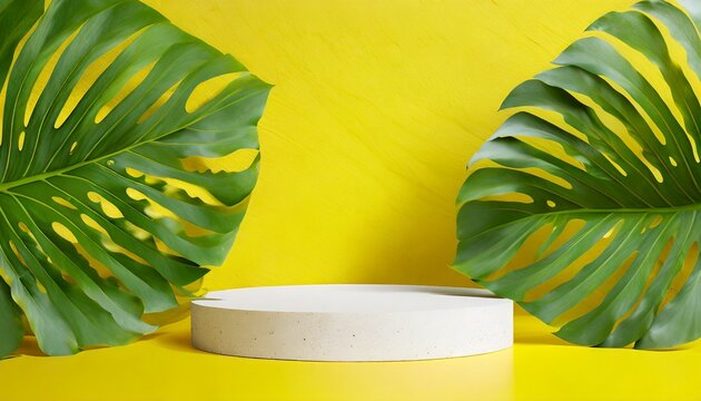 Display podium scene with green yellow and gren leaf geometric platform. 