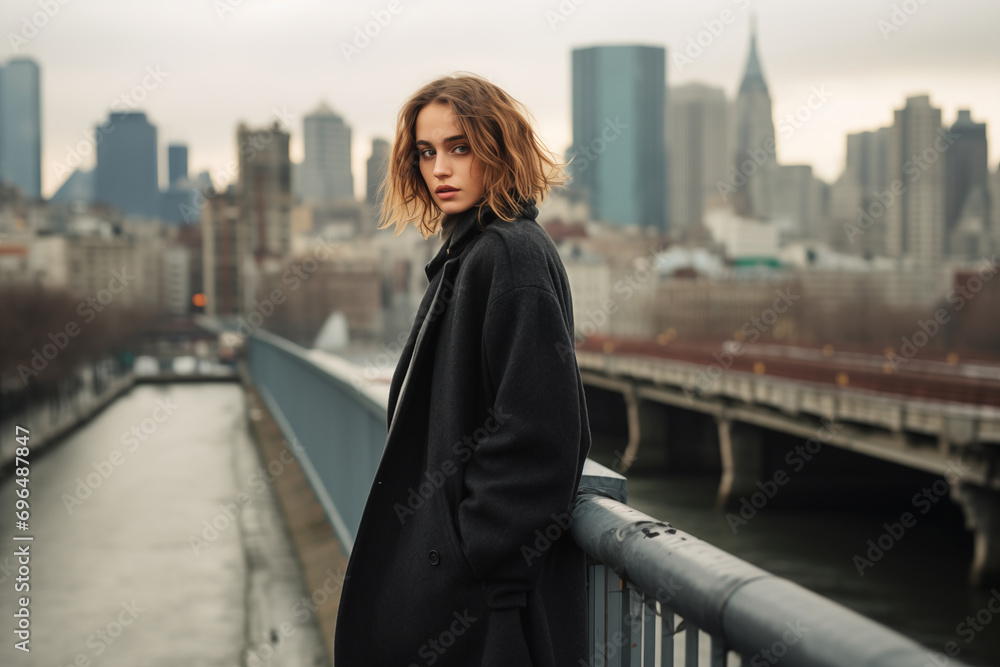 Wall mural a woman standing on a bridge with city background