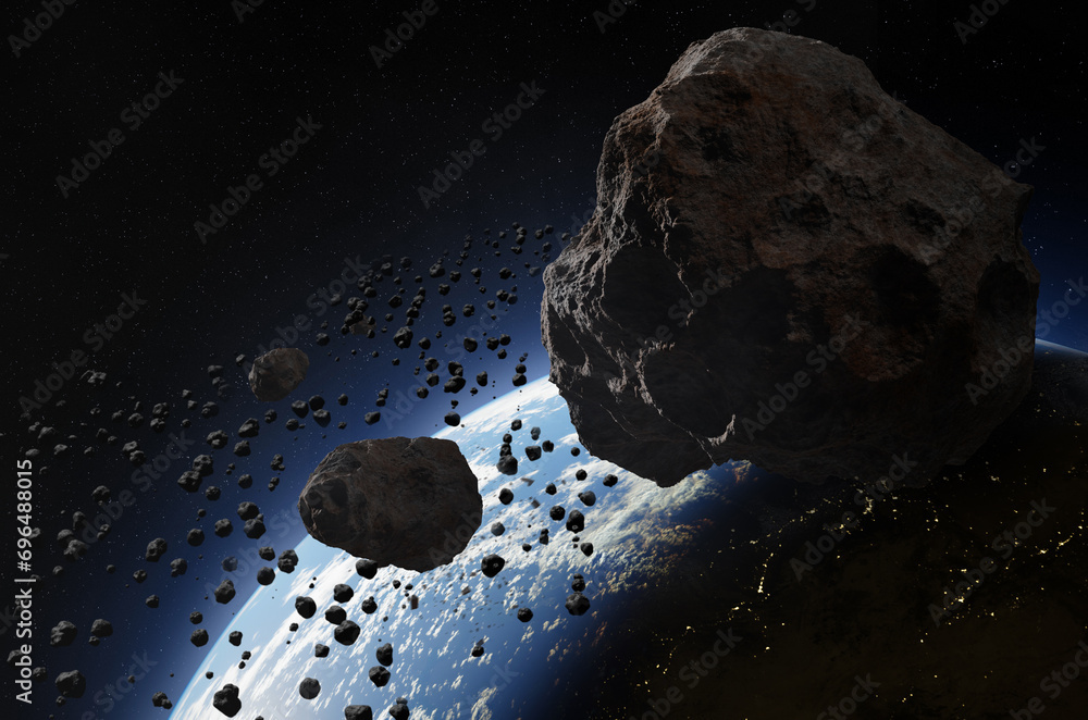 Wall mural blue earth and asteroids in the space. view of planet earth from space. elements of this image furni