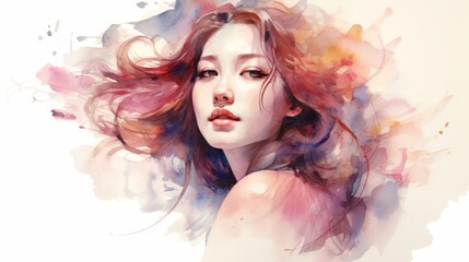 Illustration of a young woman's face with wind-blown wavy hair, a seductive gaze, depicted in watercolor style