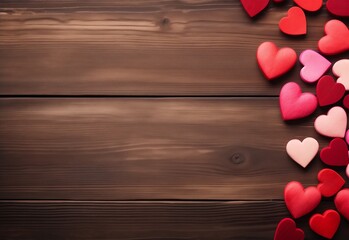 Red and pink heart shaped candies on wooden background. Happy Valentines Day.