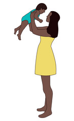 International Mother's Day. African Americans. Vector image of mother and child. Mom plays with the child, holds him in her arms, plays. Background.
