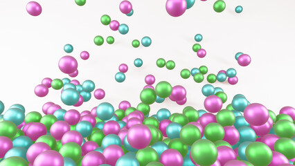 Falling and bouncing multicolored balls on a white podium in 3D illustration
