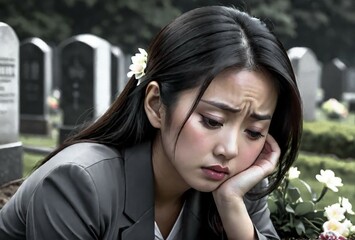 young asian woman sad over the grave in the cemetery