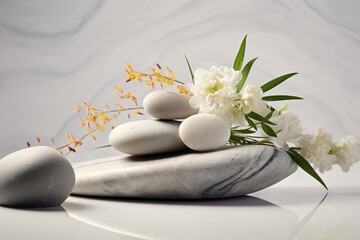 Spa stones with white flowers on a white marble background with reflection, Beautiful composition with spa stones on a white marble table, AI Generated