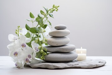 Fototapeta na wymiar Spa stones with white orchids and burning candle on grey background, Beautiful composition with spa stones on a white marble table, AI Generated