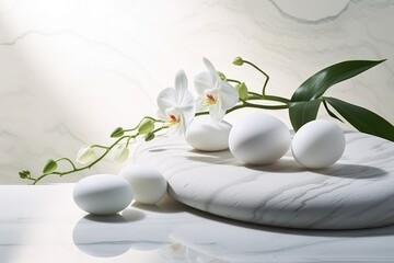 White eggs and orchidsle table with copy space, Beautiful composition with spa stones on a white marble table, AI Generated