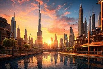 Beautiful sunset in Kuala Lumpur, Malaysia. Beautiful cityscape, Beautiful Dubai downtown at sunset, Dubai, United Arab Emirates, AI Generated - obrazy, fototapety, plakaty